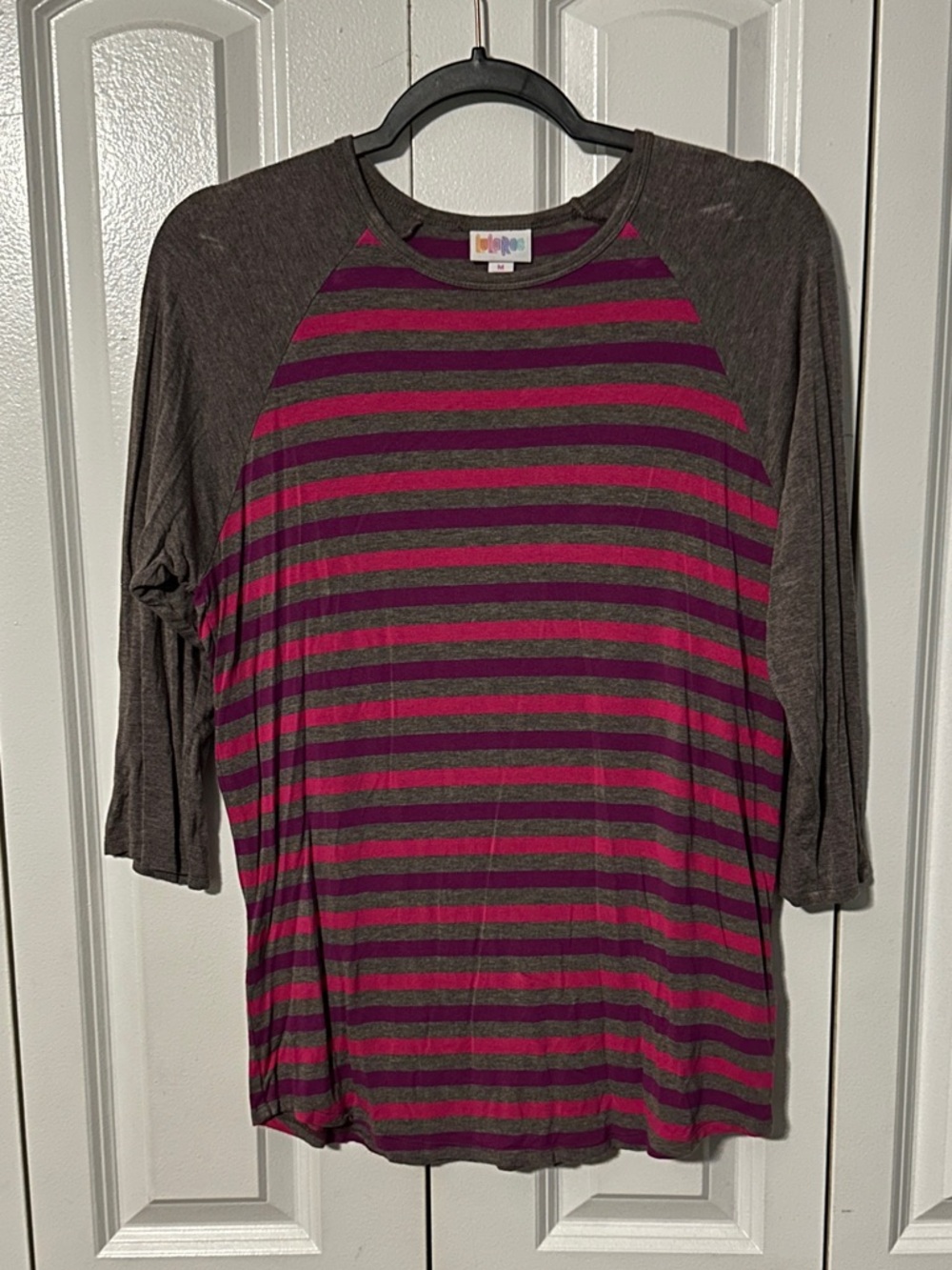 LuLaRoe Striped Raglan Top - Magenta & Charcoal